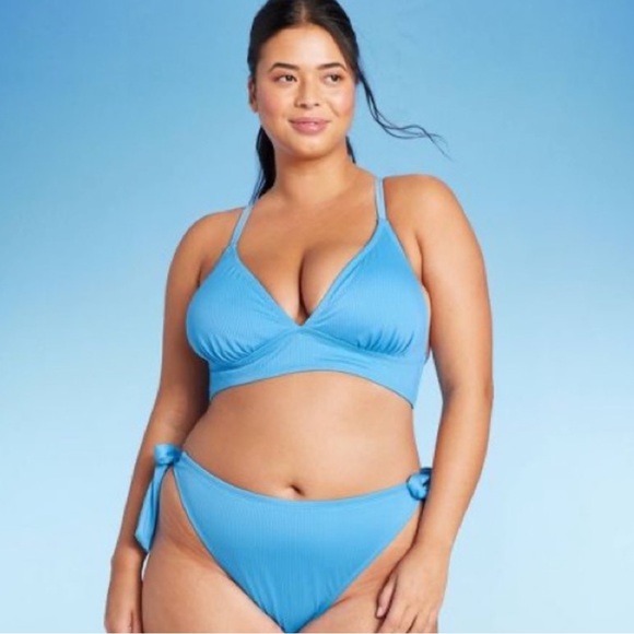 Wild Fable Blue Ribbed Triangle String Bikini Top - Picture 2 of 6